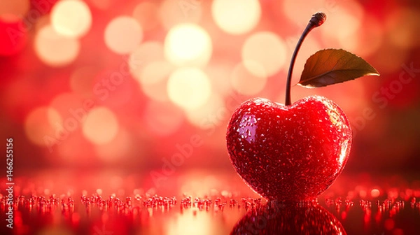 Obraz Red cherry covered with small mirror tiles shining on red blurred background