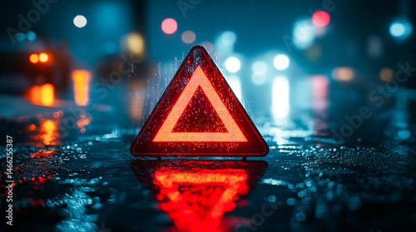 Obraz Red Emergency Triangle Reflecting in the Rain at Night