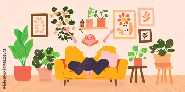 Fototapeta A woman is sitting on a yellow sofa surrounded by green plants, art in a cozy room with peace of mind.