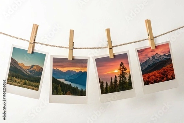 Obraz Four Polaroid-style photos clipped to a twine string with wooden clothespins, showing scenic landscapes of mountains, forests, and vibrant sunset skies, isolated on a white background