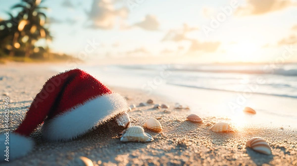 Obraz Red Santa Claus hat lying on the sand of a tropical beach with seashells in the foreground
