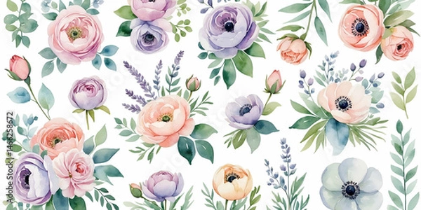 Obraz Watercolor floral pattern with peonies and anemones for springtime designs