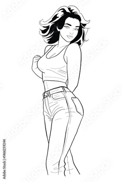 Fototapeta Young woman with short brunette hair in a white sleeveless tank top and blue denim jeans standing casually, looking over her shoulder with a thoughtful expression. Modern and stylish full body.