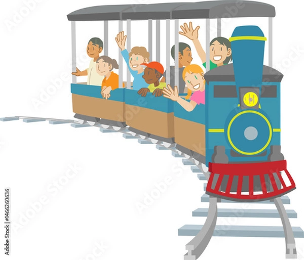 Fototapeta 遊園地でミニ汽車に乗る多民族の子供達