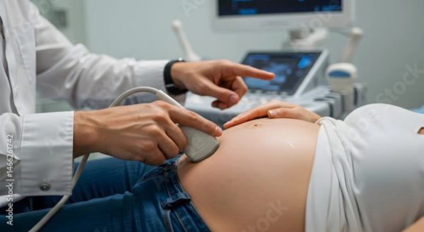 Fototapeta Close Up of Pregnant Woman Getting an Ultrasound from Doctor in Clinic Setting with Machine Monitor