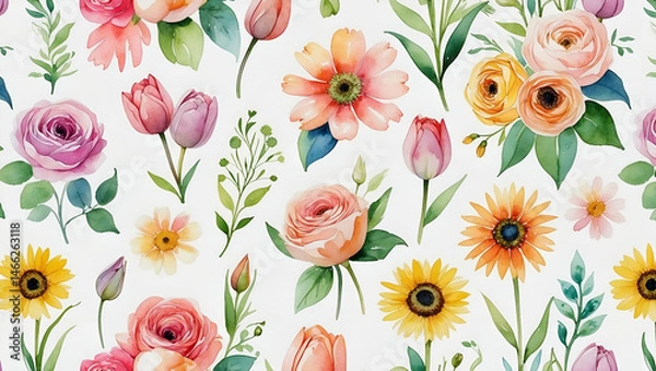 Obraz Watercolor flower seamless pattern with roses tulips sunflowers and daisies on white