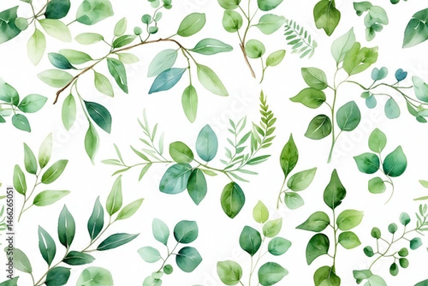 Obraz Watercolor green leaves pattern background elegant botanical illustration seamless floral design