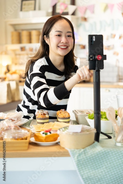 Obraz Small business owners are selling .Asian bakery  cake shop owner enjoy posting picture and review her cake on social media or online marketing streaming publish for advertising small business making m