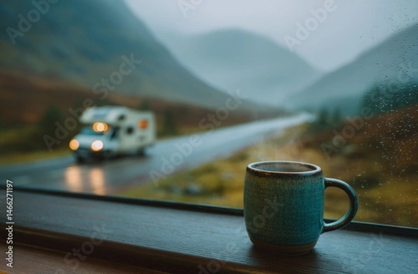 Fototapeta Early morning fog lingers as the coffee warms the hand and the van waits to continue the journey. A peaceful start in the wild, full of promise and stillness.

