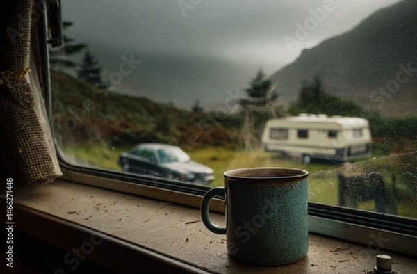 Fototapeta Vanlife serenity: a hot drink in hand, scenic views, and the road stretching endlessly. A quiet moment of reflection and freedom under open skies.

