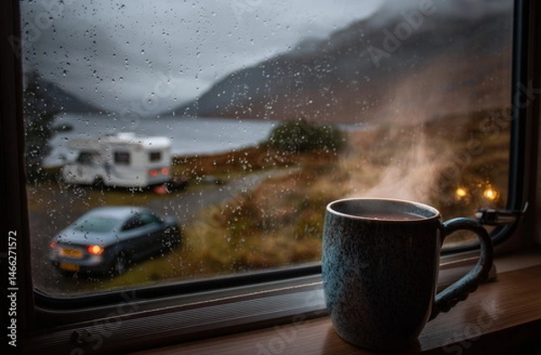 Fototapeta A steaming cup of coffee on a roadside railing as a camper van rests near misty mountains. Morning light and travel dreams come together in this tranquil scene.

