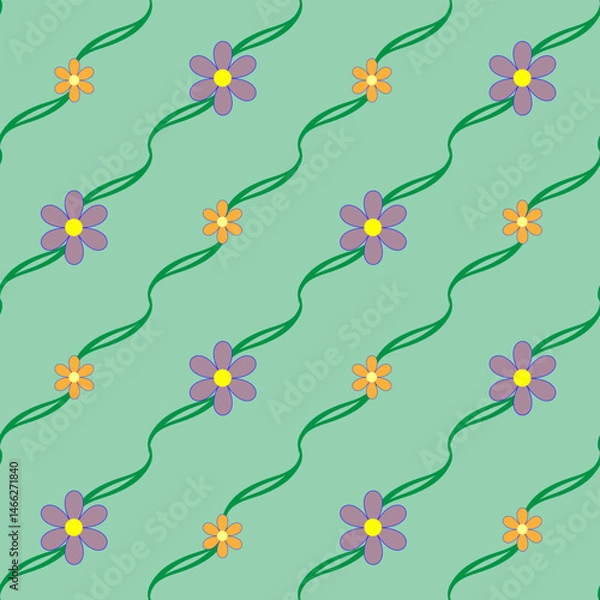 Fototapeta Flowers on a wavy line in green tones seamless pattern