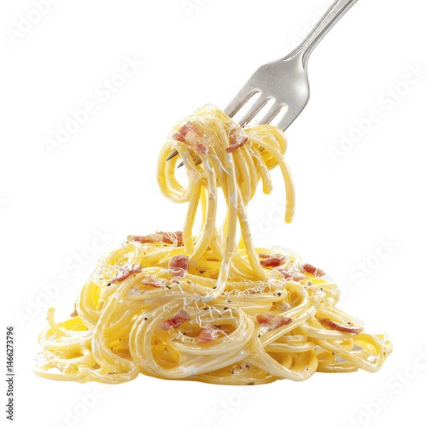Fototapeta Delicious Spaghetti Carbonara with Crispy Bacon on a Fork Against a Green Transparent background