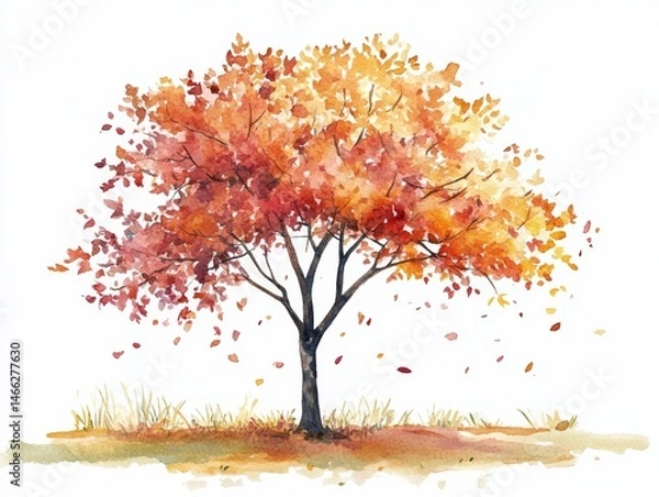 Fototapeta Beautiful Autumn Tree Illustration for Landscape and Garden Environment with Watercolor Plants for Architecture Drawing and Botanical Scenes