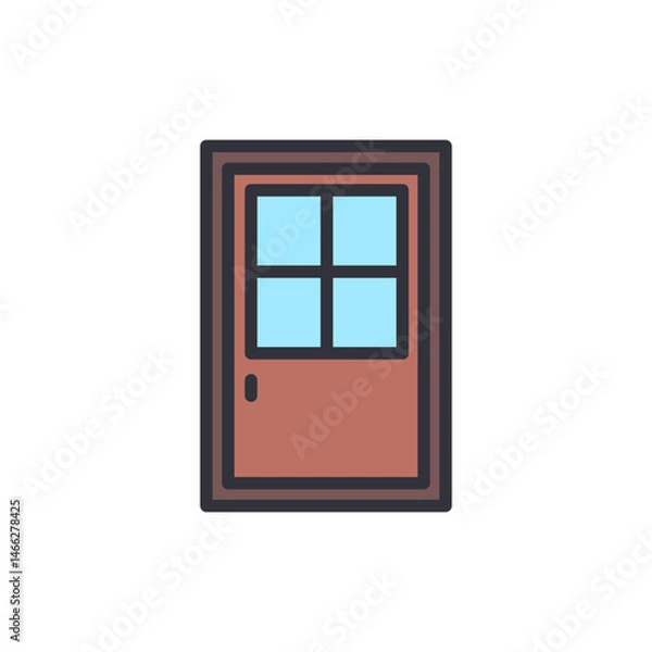 Fototapeta A stylized, cartoon-like representation of a simple door with window panes