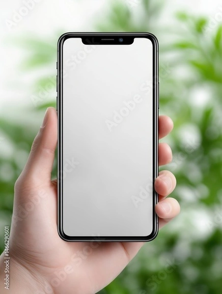 Obraz Close-up of a person holding a modern smartphone with a blank screen in front of green leafy background for technology communication and digital device concepts