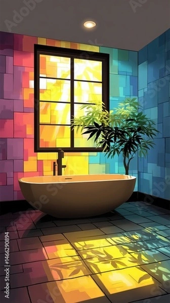 Fototapeta Vibrant colorful bathroom with rainbow mosaic tiled walls and a large window casting warm sunlight and shadow of a lush green plant onto the floor and bathtub