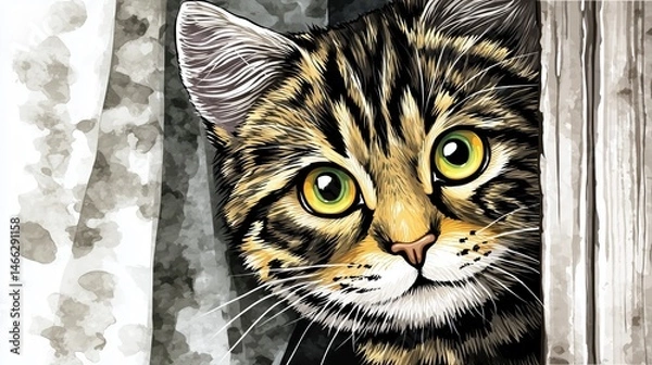 Fototapeta Close-up of a curious and alert domestic short-haired tabby cat with vivid green eyes and intricate striped fur pee from behind a wooden surface in a cozy indoor setting