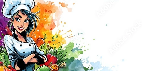 Fototapeta Colorful illustration of a cheerful female chef with blue hair wea a white chef hat and jacket holding a spoon and vegetables with vibrant paint splashes background