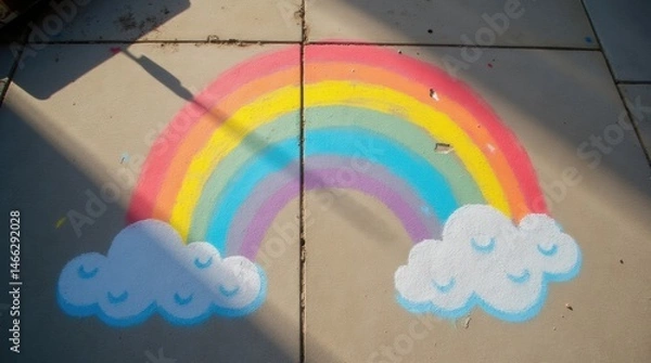 Fototapeta Vibrant rainbow chalk art on concrete sidewalk, overhead view, bright colors in sunlight.

