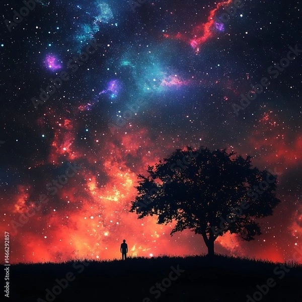 Fototapeta Galaxy and starlit sky behind a dark silhouette of a tree