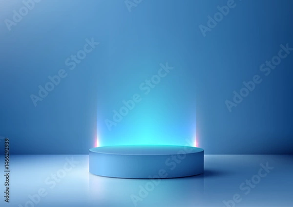 Fototapeta modern blue podium platform 3d mockup technology display showcase with light beams reflective surface gradient background