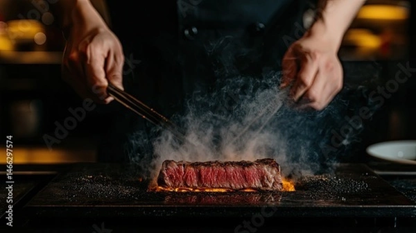 Fototapeta A yakiniku chef grilling Wagyu sirloin to perfection, the meat glistening as it absorbs the smoky heat from the coals