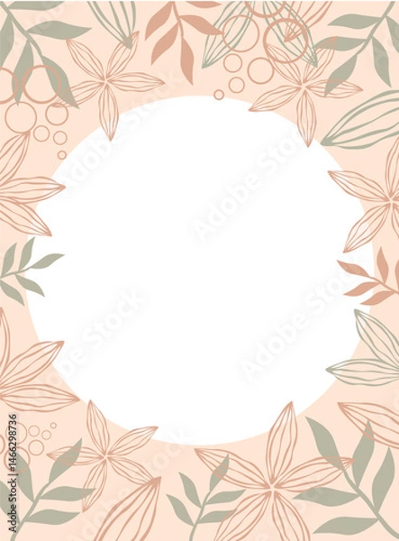 Fototapeta Elegant botanical frame with hand-drawn floral and leaf elements in soft pastel tones. Vector template with blank center for text or photo. Ideal for invitations, greeting cards, packaging, branding, 