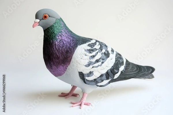 Fototapeta Standing pigeon with gray head and iridescent feathers on white backdrop