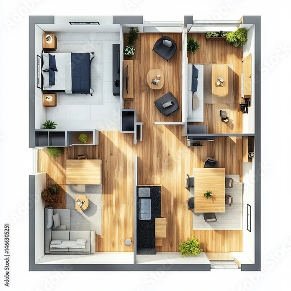 Fototapeta Floor plan top view. Apartment interior isolated on white background. 3D render