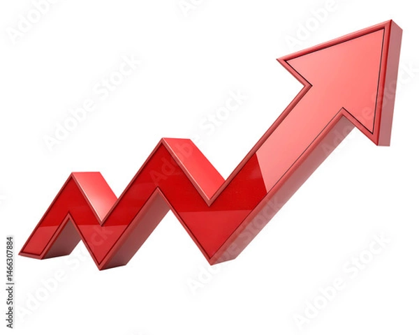 Obraz Red upward arrow graph showing rising trend isolated on transparent background. A red arrow pointing upwards. The arrow is red and has a shiny, reflective surface.