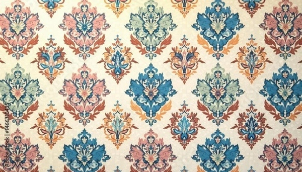 Fototapeta Subtle geometric damask pattern with arabesque details, soft color palette , decor, pattern