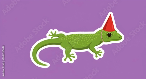 Fototapeta Colorful Cartoon Lizard with Party Hat on Vibrant Background