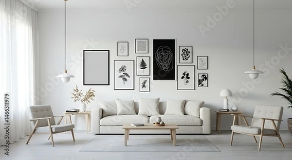 Fototapeta Minimalist Living Room with Black and White Botanical Prints and Modern Furniture