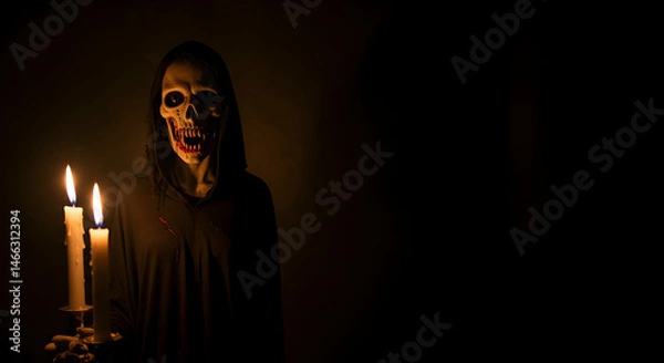 Fototapeta Spooky Skeleton Figure with Candles in Dark Atmosphere for Halloween