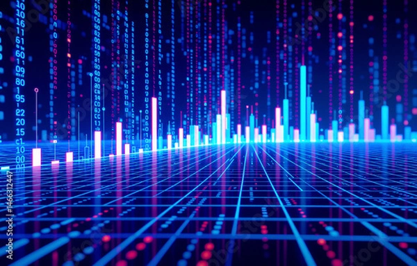Fototapeta Abstract digital landscape of glowing blue and pink data streams forming dynamic bar graphs.  Perspective creates a sense of depth and futuristic technology.