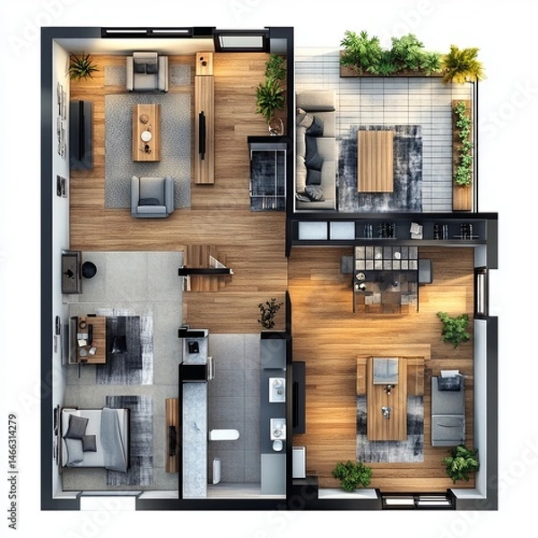 Obraz Floor plan of a house top view 3D illustration. Open concept living apartment layout