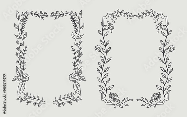Fototapeta Floral frame border set hand drawn illustration with flowers, blooms, branch. line art style. Perfect for wedding, cards or invitation.
