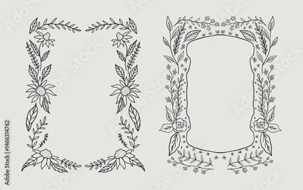 Fototapeta Floral frame border set hand drawn illustration with flowers, blooms, branch. line art style. Perfect for wedding, cards or invitation.