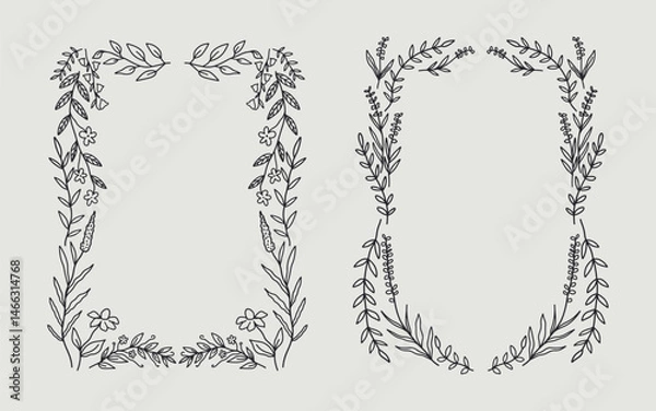 Fototapeta Floral frame border set hand drawn illustration with flowers, blooms, branch. line art style. Perfect for wedding, cards or invitation.