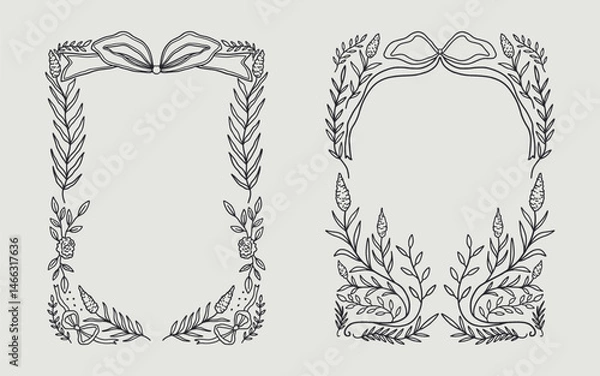 Fototapeta Floral frame and ribbon bow border set hand drawn illustration with flowers, blooms, branch. line art style. Perfect for wedding, cards or invitation.