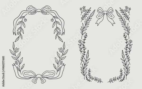 Fototapeta Floral frame and ribbon bow border set hand drawn illustration with flowers, blooms, branch. line art style. Perfect for wedding, cards or invitation.