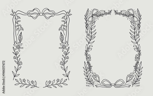 Fototapeta Floral frame and ribbon bow border set hand drawn illustration with flowers, blooms, branch. line art style. Perfect for wedding, cards or invitation.