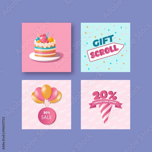 Fototapeta Set of 4 colorful square illustrations for social media: birthday cake, gift scroll, sale with balloons, and 20% discount cone. Great for online shops, kids stores, and festive promotions.