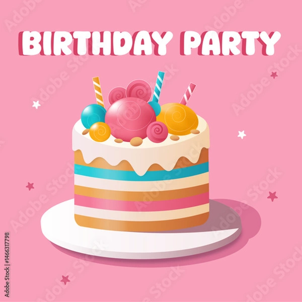 Fototapeta Bright birthday cake decorated with colorful candy balls, lollipops and candles on a pink background. Perfect for party invitations, children’s events, and festive designs.