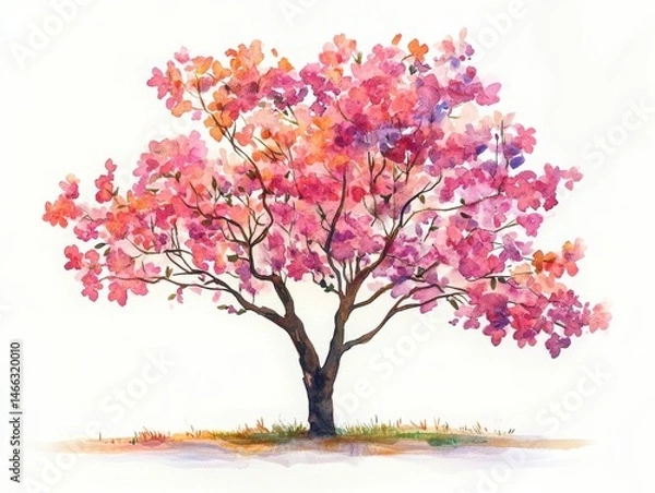 Fototapeta Beautiful Watercolor Illustration of Blooming Flower Tree in Side View Isolated on White Background for Landscape and Architecture