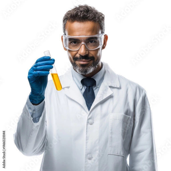 Fototapeta Scientist holding test tube with yellow liquid in laboratory setting