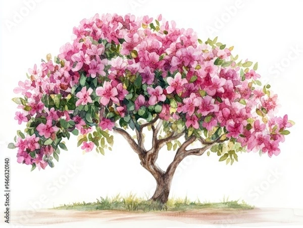Fototapeta Beautiful Watercolor Illustration of Blooming Flower Tree with Clean Lines in Isolated White Background for Landscape and Architecture