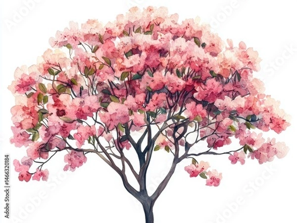 Fototapeta Beautiful Watercolor Illustration of Blooming Tree from Top View Isolated on White Background for Landscape and Architecture