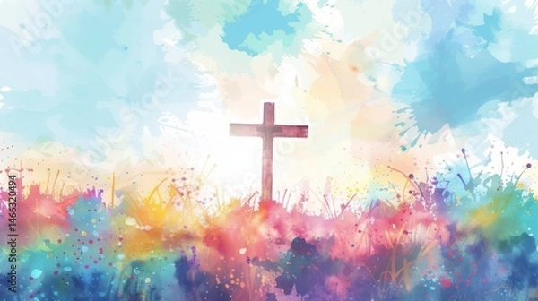 Fototapeta Beautiful Watercolor Illustration of Empty White Cross for Happy Easter Religious Greeting Card Background